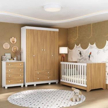 Imagem de Quarto de Bebê Completo com Berço Americano 3 em 1 Allegra Multimóveis Mp4586 Branco/madeirado