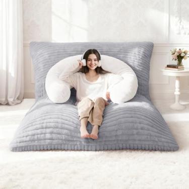 Imagem de Homguava Cadeira de pufe gigante para adultos com travesseiro, almofada conversível 4 em 1 para Adluts, espreguiçadeira com capa lavável, cama de feijão para sala de estar, travesseiro cinza claro e