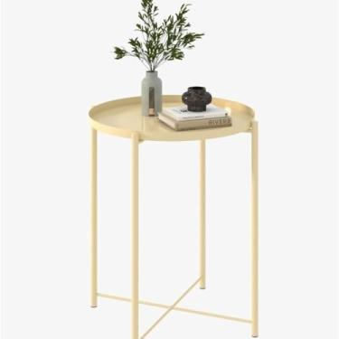 Imagem de Mesa lateral pequena redonda, mesa de metal com bandeja removível, mesa lateral de sofá estilo moderno, mesa de destaque para sala de estar, quarto, varanda, escritório (branca) (amarelo)