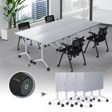 Imagem de Mesa de sala de conferências, mesa de reuniões dobrável de 35 m, moderna para 2 12 pessoas, mesa de sala de aula branca com rodas silenciosas, mesa de podcasts para escritório, negócios, mesa de