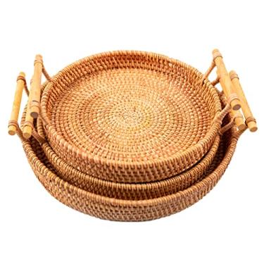 Imagem de Generic Bandeja de Servir de Vime Redonda Tecida à Mão, Cesta de Pão Multiuso Macia Bandeja de Servir de Vime Redonda Cesta de Sobremesa Cuidadosamente Polida para Lanches para o Quarto (Conjunto de