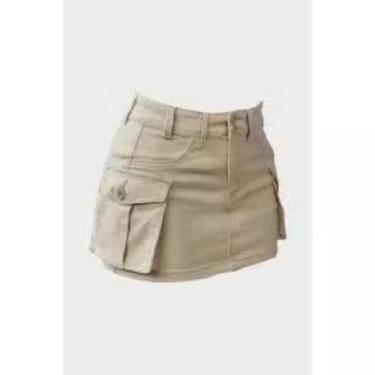 Imagem de Mini Saia Cargo Bege Sarja Feminina Cintura Alta Blogueira Moda Gringa