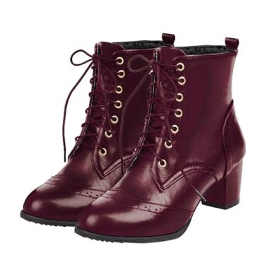 Imagem de UniqueStride Brogue Bota feminina no tornozelo com cadarço e salto grosso, bico redondo, Borgonha, 42