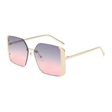 Imagem de Óculos de sol sem aro, armação dourada luxuosa, lentes degradê, estilo UV400 (cinza rosa)