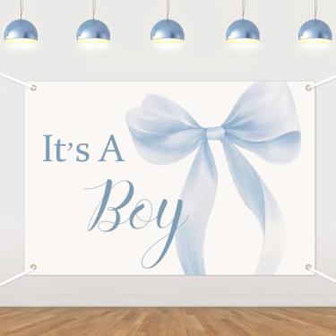 Imagem de Pano de fundo azul para chá de bebê, decoração de festa de revelação de gênero, faixa de vinil para chá de bebê, adereços de cabine de fotos para suprimentos de decoração de chá de bebê