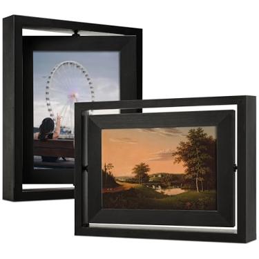 Imagem de Gdfmsc Moldura giratória 12 x 17 cm, 2 unidades, visor de visualização frente e verso, vidro real, de madeira de pinho, moldura de mesa vertical ou horizontal, preta