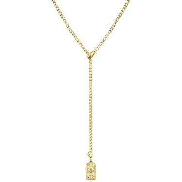 Imagem de EverGlimp Colar feminino banhado a ouro 18 K, colar em Y ajustável com anel de mola e pingente de barra com gravação de girassol, joias modernas hipoalergênicas