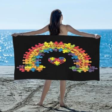 Imagem de hongjinglin Toalha de praia absorvente de secagem rápida cor autismo arco-íris microfibra leve toalha de piscina toalhas de banho macias sem areia para praia, natação, banheiro, chuveiro, acampamento