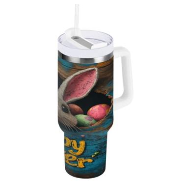 Imagem de ATTX Copo de coelho da Páscoa de 1,134 g com alça, copo de aço inoxidável a vácuo de parede dupla com palha, caneca de café de viagem isolada #302
