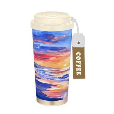 Imagem de SEHANY Caneca de viagem com palmeira de verão, 482 g, copos de café reutilizáveis revestidos de cerâmica com tampa à prova de vazamento, parede dupla, isolamento a vácuo, copo de café de aço