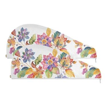 Imagem de SEHANY Toalha de cabelo de microfibra boêmia colorida vintage para mulheres, 2 peças, turbantes de cabelo de secagem rápida com botão, touca de cabelo seco absorvente toalha de secagem de cabelo para