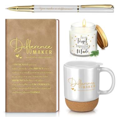 Imagem de 4 peças de presentes para mulheres e homens, professores, funcionários, presente de agradecimento para colega de trabalho, treinador, criador de diferenças, caneca, caderno, vela perfumada, caneta