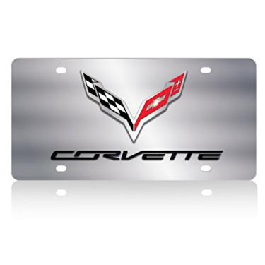 Imagem de Corvette Crossed Flags with Corvette Script License Plate/Tags - Polished Stainless Steel : C7 Stingray