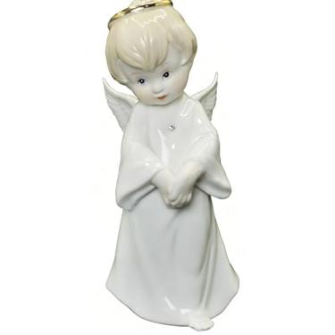 Imagem de KIKITOY Estatueta de anjo de cerâmica branca moderna - Jingdezhen auréola dourada e asas feitas à mão, decoração minimalista de estilo europeu para sala de estar, ideia de presente (18 cm) (A)