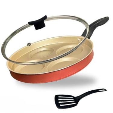 Imagem de Frigideira 26 cm 4 Ovos Hamburguer Antiaderente Teflon Tampa de Vidro e Espátula Cor Cereja e Bege