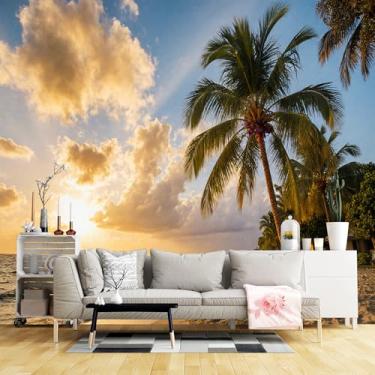 Imagem de Murais de parede de tamanho personalizado, tecido de parede autoadesivo de praia pôr do sol (sem PVC) Papel de parede grande removível para sala de estar, quarto, escritório