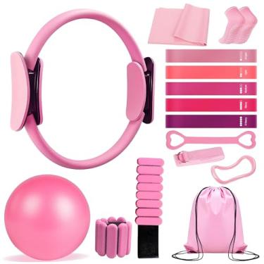 Imagem de Irosiy Conjunto de anéis de Pilates com resistência ajustável - Kit de treino de corpo inteiro para mulheres, bolsa de viagem portátil e acessórios antiderrapantes (rosa)