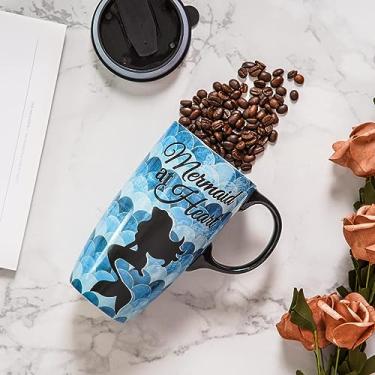 Imagem de DUSVALLY Canecas de café de cerâmica caneca de café de viagem xícara de chá com latte de porcelana com tampa e caixa de presente 500 ml. Caneca de café alta, sereia no coração