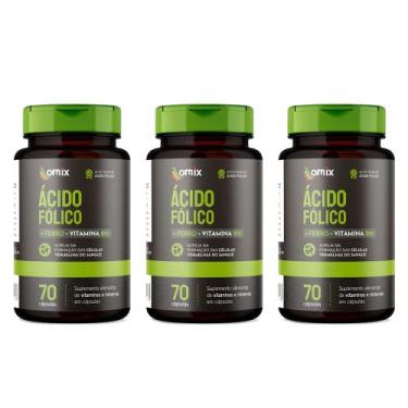 Imagem de Kit 3x - Ácido Fólico, Ferro e Vitamina B12 - 70 cápsulas - Omix