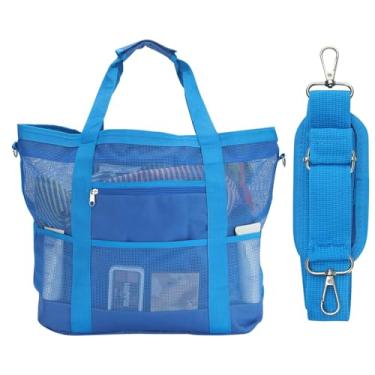 Imagem de wanchel Bolsa feminina de praia de malha – Plus à prova d'água à prova de areia com 8 bolsos e 1 bolso interno com zíper