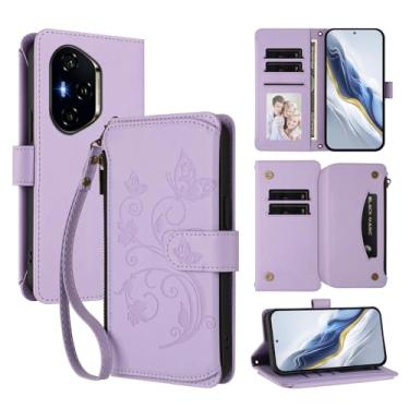 Imagem de Capa carteira para Honor 400 com porta-cartão, bolso com zíper e alça longa - capa fólio de couro com fecho magnético, suporte, capa feminina anti-impressão digital (roxo claro)
