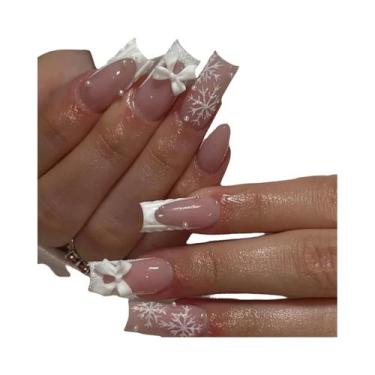 Imagem de Unhas Falsas De Natal Em Forma De Floco De Neve Branca Pérola Brilhant