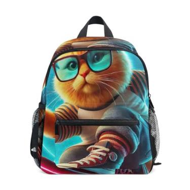 Imagem de GAIGEO Cute Kitten Cool Cat Mini Toddler Backpack with Whistle, 2 Bottle Pockets, Lightweight, Girls Travel Backpack 10x4x12 In, for Ages 3-8