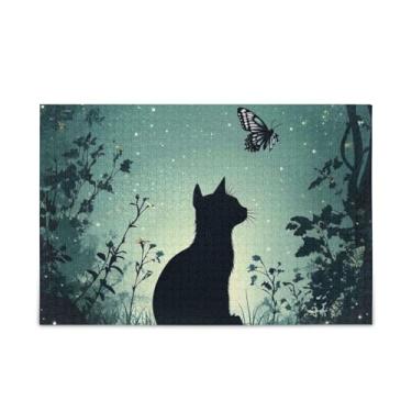 Imagem de Quebra-cabeça de silhueta de gatos pretos, papel e madeira compostos para adultos com bolsa de armazenamento de 1000 peças