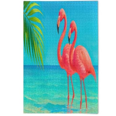 Imagem de Quebra-cabeça de 500 peças para adultos cenário animal arte decoração desenho animado flamingo azul mar natureza grande quebra-cabeças elefante branco presentes engraçados, 500 peças, 52 cm x 37,8 cm