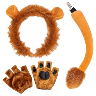Imagem de ccHuDE Conjunto de 4 peças de fantasia de leão, tiara de orelha de leão, cauda de leão, luvas fofas, orelhas de animais, faixa de cabelo, acessórios de fantasia de leão, kit de fantasia de leão de