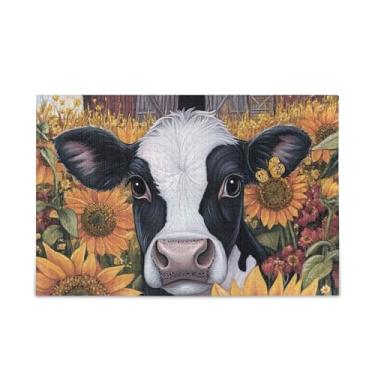 Imagem de Quebra-cabeça de 500 peças de girassol preto branco vaca de madeira e papel com bolsa de armazenamento quebra-cabeças difíceis para adultos