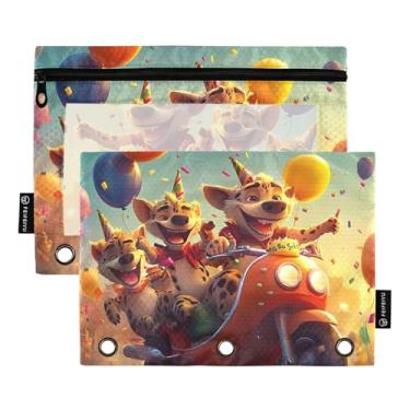 Imagem de Bolsa de lápis de escritório para fichário de 3 anéis, fichário com zíper, bolsa de lápis, fichário escolar macio, bolsos transparentes, aniversário, hiena, cachorro, 25 x 18 cm, 2 pacotes