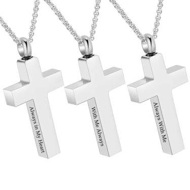 Imagem de Pacote com 3 colares de urna com cruz de cremação para cinzas para homens, urnas cruzadas, pingente, suporte de cinzas, joias memoriais, lembrança de cinzas para humanos, Aço inoxidável, Sem Pedra