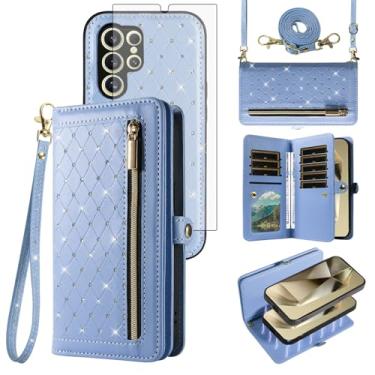 Imagem de Capa de celular para Samsung Galaxy S24 Ultra 5G Carteira com zíper destacável com protetor de tela alça transversal Bling Glitter Flip suporte para cartão de crédito S24Ultra 24S S 24 24Ultra