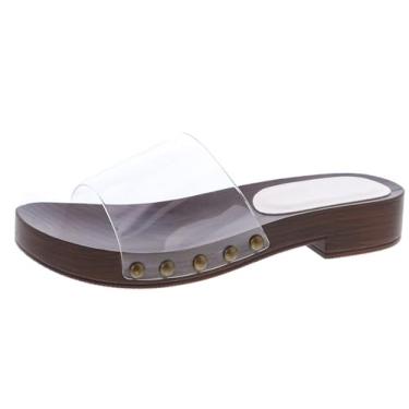 Imagem de TruFox Sandália feminina de bico aberto, sem cadarço, salto baixo cravejado com tachas sandálias de madeira sintética para mulheres mules, Transparente., 40
