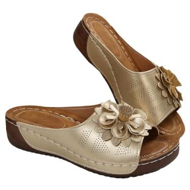 Imagem de Sandália feminina estilo plataforma 2025 floral verão elegante bico aberto plataforma sapatos casuais boho sem cadarço praia caminhada sandálias, Dourado, 8.5 Wide