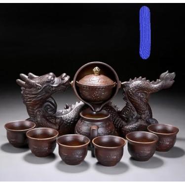 Imagem de Conjunto de chá de cerâmica semiautomático dragão chinês, conjunto de chá de Kung Fu de 9 peças com bule de chá e 8 xícaras (cerâmica - A)