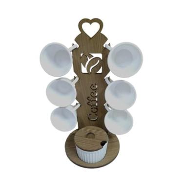 Imagem de Suporte para 6 Xícaras com Açucareiro – Madeira MDF, Organizador de Cozinha para Cantinho do Café, Ideal para Armazenamento e Decoração Doméstica (S/MARROM C/ 6 XC BR - R/BR)
