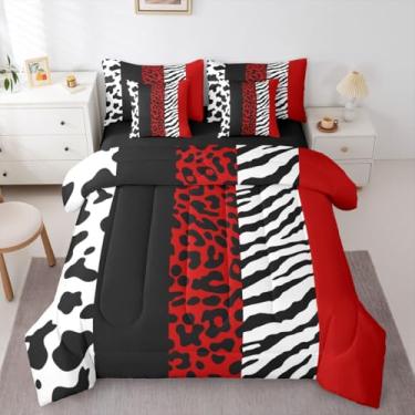 Imagem de Jogo de cama casal de 7 peças de patchwork vermelho, estampa de zebra de vaca guepardo em uma bolsa, conjunto de cama de animais de fazenda inclui edredom, conjunto de lençol, fronhas e fronhas