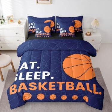 Imagem de Erosebridal Conjunto de edredom para meninos, basquete, laranja, azul marinho, tamanho queen, 7 peças | Jogo de cama com bola para jogos, esportes, crianças, adolescentes
