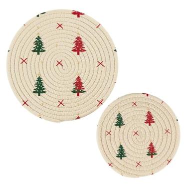 Imagem de Wassud Conjunto de trivet de árvore de Natal para pratos quentes, suportes redondos de algodão, almofadas quentes, porta-copos elegantes, decoração de cozinha e acessórios, 2 peças