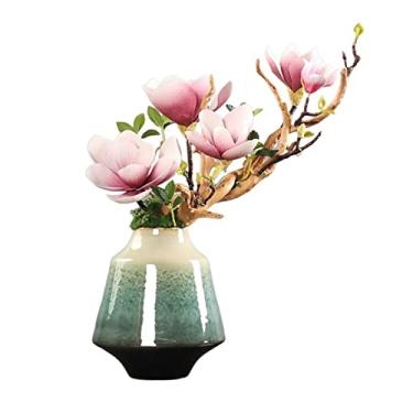 Imagem de Flores falsas simulação flor magnólia conjunto de flores com vaso arranjo de flores falsas decoração mesa de jantar sala de estar escritório decorações flores para decoração (cor: 1) (D)