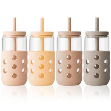 Imagem de Mrsdry Copos de vidro com tampas e canudos (pacote com 4), conjunto de copos de 473 ml com mangas de silicone para acessórios de cafeteria, xícaras de café geladas com tampas, copo de vidro