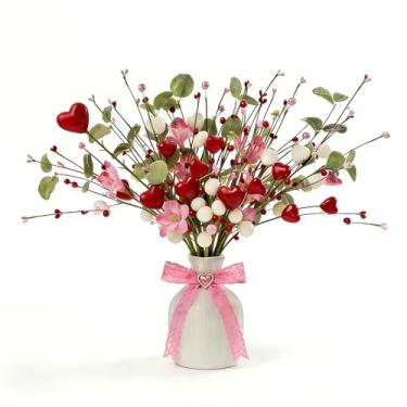 Imagem de Teircno Presentes de Dia dos Namorados, pacote com 6, decorações artificiais de dia dos namorados com folhas, vermelho e branco, palitos de coração com frutas vermelhas e rosas, para decoração de mesa