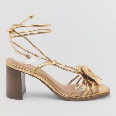 Imagem de Sandália Sapato da Corte Salto Bloco Amarração Flor, Dourado, 37