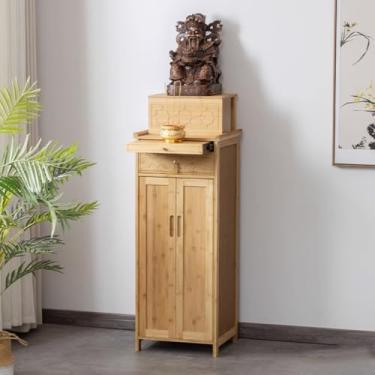 Imagem de Mesa de altar de bambu para Buda, armário de meditação chinês com armazenamento, mesa de oferta vintage, design simples de 62 x 38 x 120 cm para decoração de casa e prática espiritual