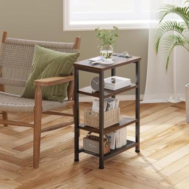 Imagem de Mesa de cabeceira estreita com prateleiras de 4 camadas, mesa lateral pequena com estação de carregamento, mesa de cabeceira fina com portas USB e tomadas, mesa lateral de cama para quarto, escritório