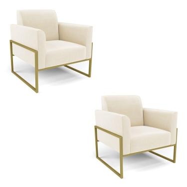 Imagem de Kit 2 Poltronas Base Industrial Alta Dourado Marisa Veludo Bege D03 - D\'rossi