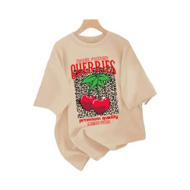Imagem de Camiseta Feminina De Algodão Com Gola Redonda, Estampa De Cerejas Sele