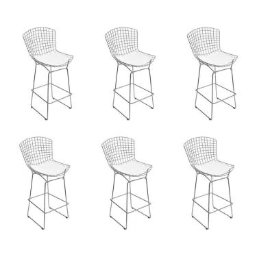 Imagem de Kit 6 Banquetas Bistrô Bertoia Cromada D80 Com Assento Sintético Branco